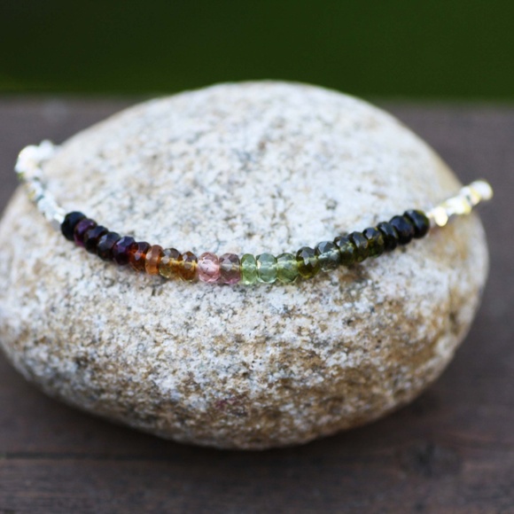 Handcrafted Untreated Natural Rainbow Tourmaline Bracelet Sterling Silver - Picture 5 of 7
